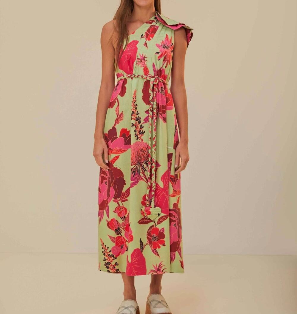 Farm Rio Fresh Garden One‑Shoulder Linen Viscose Midi Dress Women’s XS